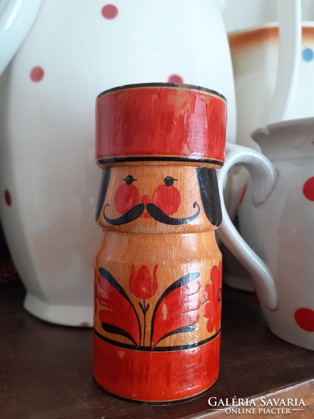Old folk painted Hungarian wooden candlestick with mustache outlaw figurine