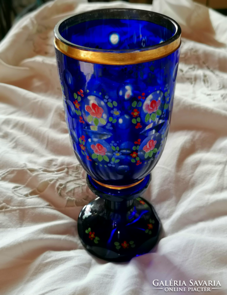 Vintage hand painted blue glass goblet