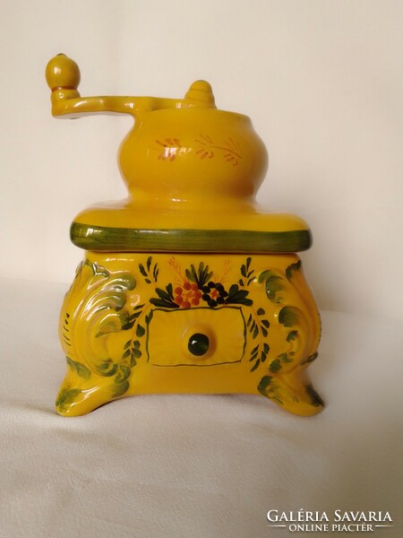 Special coffee grinder shaped hand painted sun yellow coffee holder earthenware ceramic pot 70s