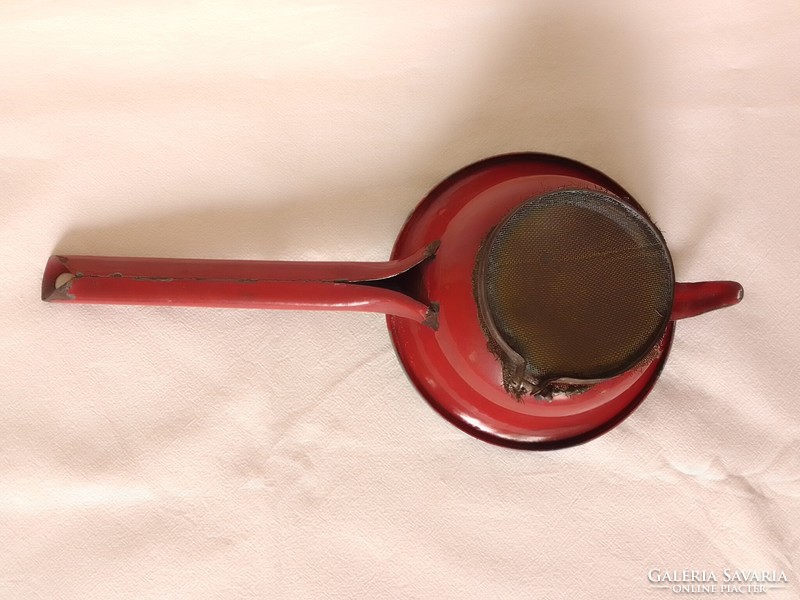 Retro vintage old enameled handle filter with contemporary copper filter insert, kitchen tool, for decoration