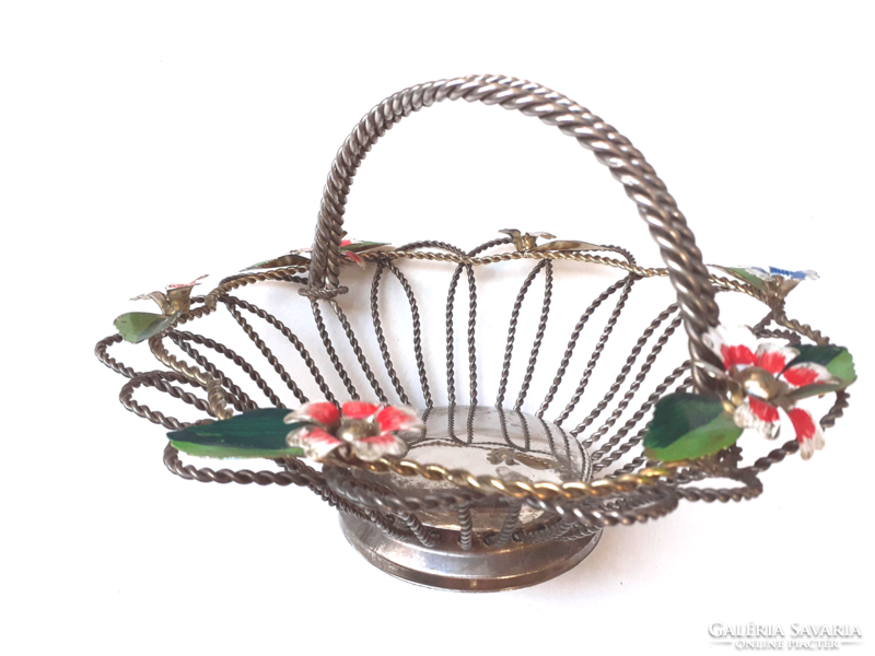 Régi kosár virágos fém füles vintage asztali fémkosár