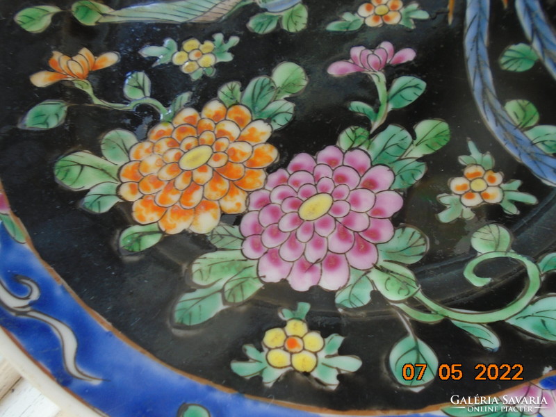 Japanese Meiji wall plate with hand-painted bird of paradise and peony with metal holder