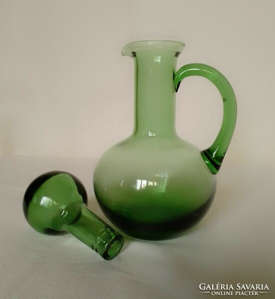 Small dark green molded glass jug with mini unicum glass, flawless