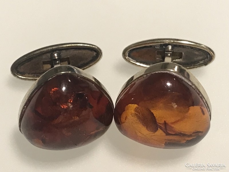 Russian amber cufflink 875 with silver or gold(?) frame, marked