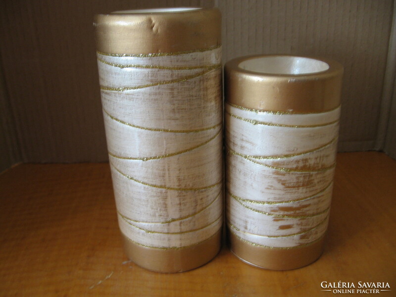 Pair of gold-beige shabby ceramic candle holders