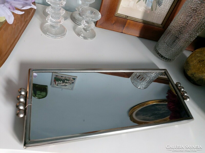 Különleges, régi, tükör betétes "vanity" tálca 42 x 18 cm (1950-1970)