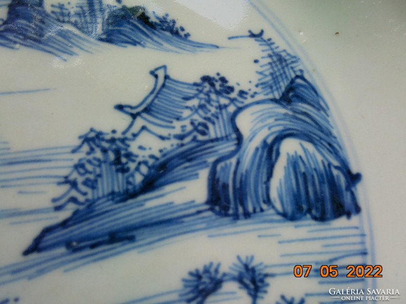 Antik Arita  máz alatt kézzel festett japán tál magashegyi tájjal, pagodákkal, öböllel,halásszal