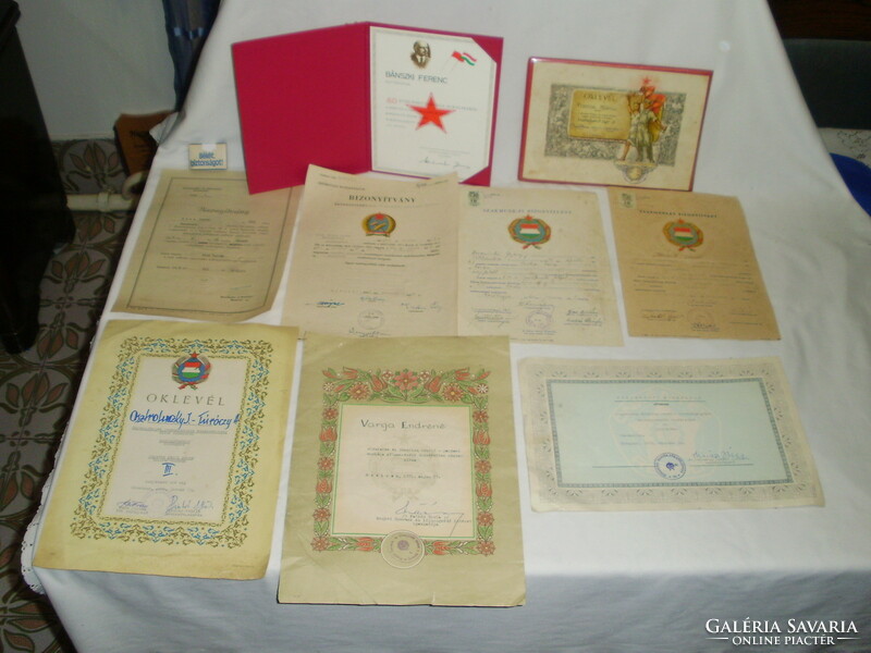 Nine pieces of retro diploma, certificate - together