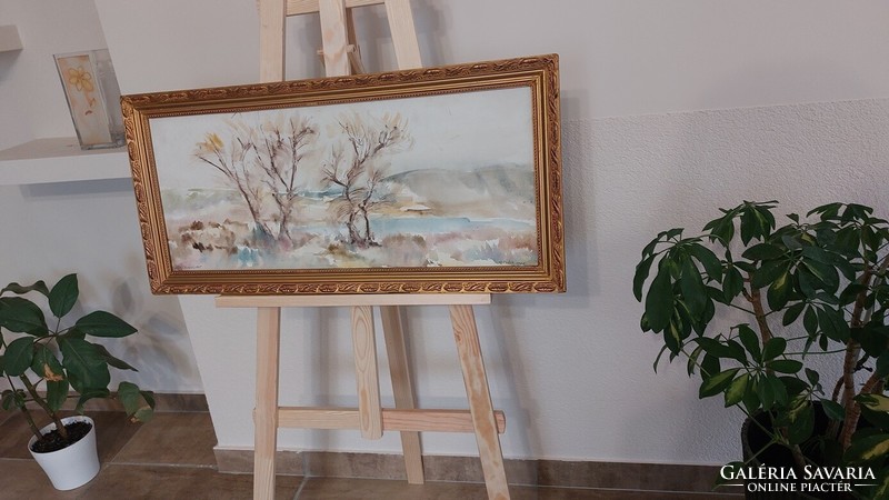 (K)Szép tájkép festmény Hortobágy 37x77 cm kerettel