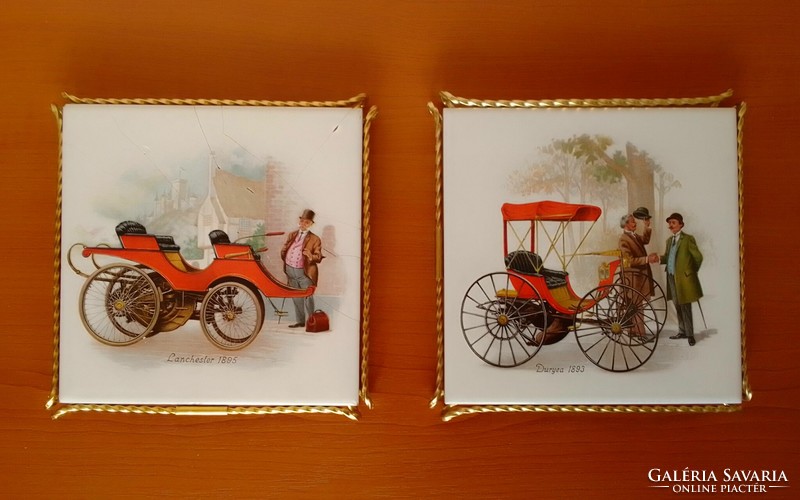 Nostalgia car, oldsmobil ceramic decorative tile, dish coaster, on copper-plated metal legs