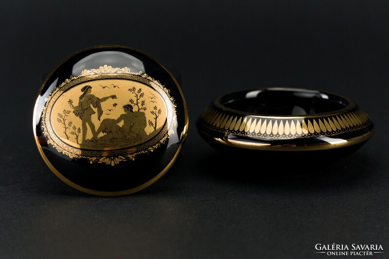 E.M porcelain, small bowl decorated with 24 carat gold, holder, , scene.