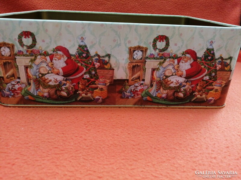 A metal box for Santa Claus or Christmas. Decorative box. Storage, biscuit box.