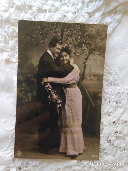 Antique hand-colored photo / postcard, romantic, romantic couple 1908, lady in pink dress