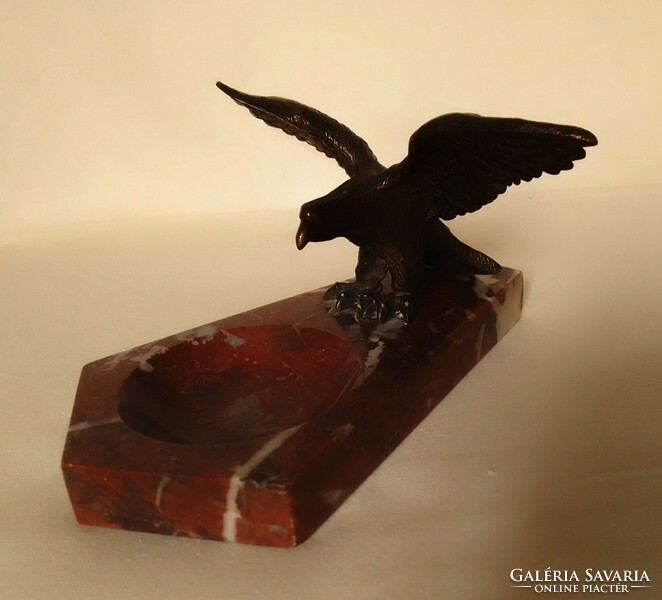 Old antique bronze turul bird with spread wings, red marble table holder, ashtray