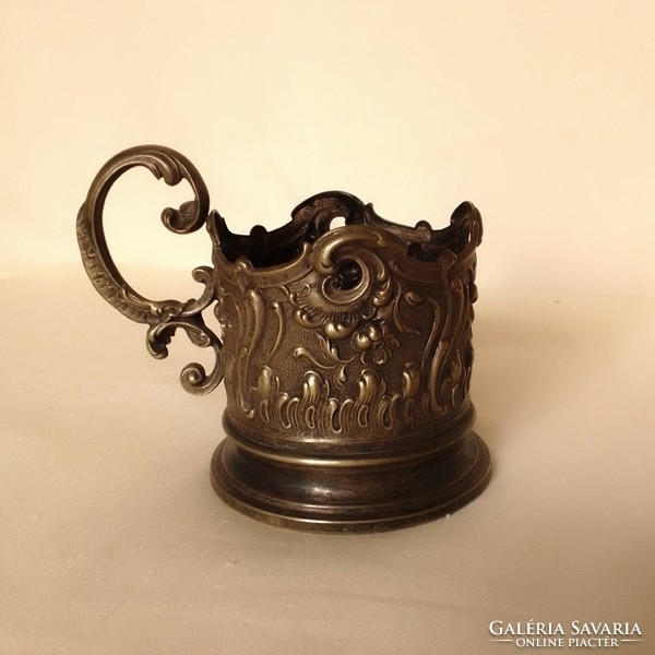 Antik régi alpakka füles teás pohár tartó, rokokós-barokkos inda dísz, gyertyatartónak is, jelzett