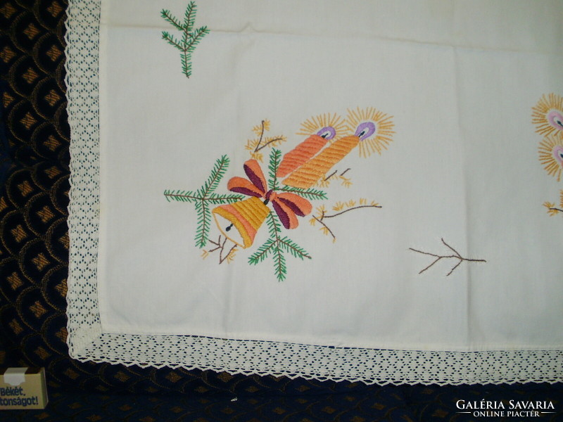 Christmas hand-embroidered tablecloth, centerpiece with crochet border - immaculate
