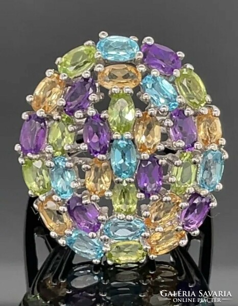 Luxurious silver ring with many stones, blue topaz, citrine, amethyst, peridot new