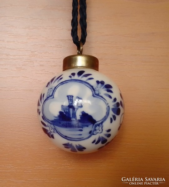 Blue and white hand-painted marked Dutch glazed porcelain Christmas tree ornament, metal fixture, windmill