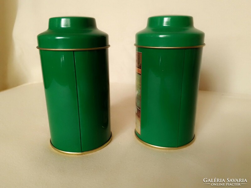 Összeillő fém teás doboz pár, angol, zöld alap, nosztalgia képekkel, 1980-as évek