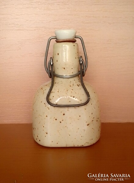 Brown dot glazed ceramic stoneware liquor pitcher, spout, bottle, with buckled porcelain stopper