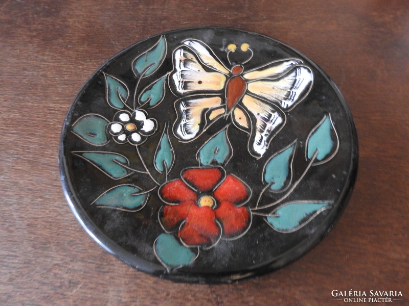 Antique glazed wall ceramic plate _with butterfly flower - marked nabeul tunesien