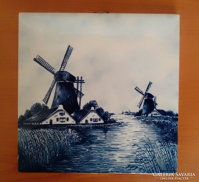 Blue white old Dutch glazed earthenware ceramic decorative tile marked landscape windmill river bank reeds