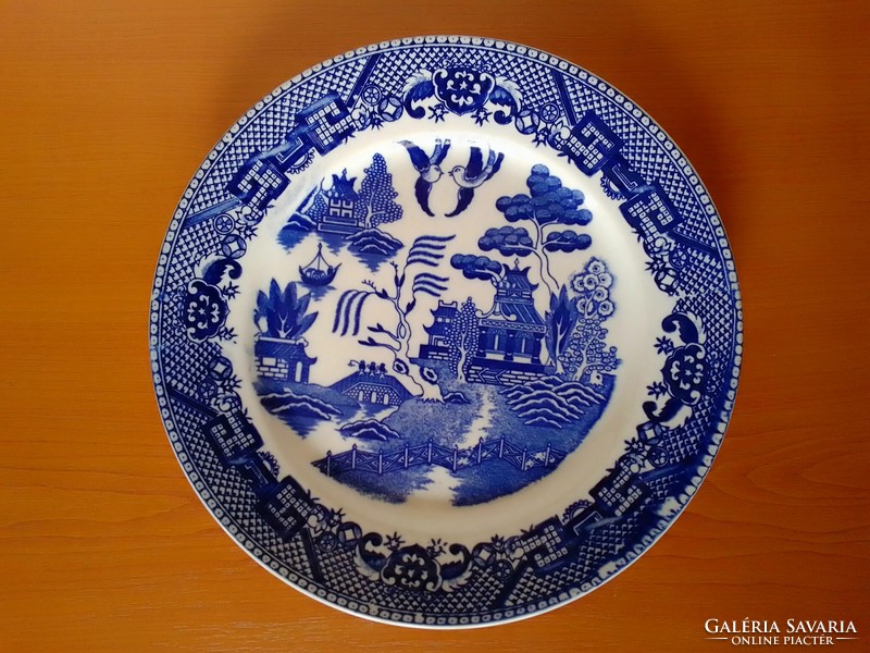 Blue and white old antique English glazed ceramic earthenware decorative plate, Chinese pattern, marked, flawless