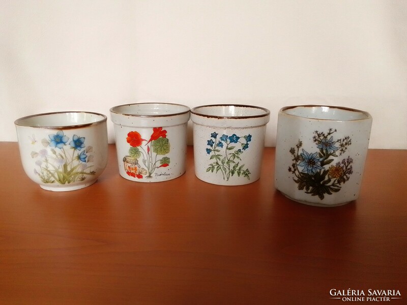 Four similar style, glazed, patterned glazed ceramic flowerpots, pot plant with flower pattern, flawless