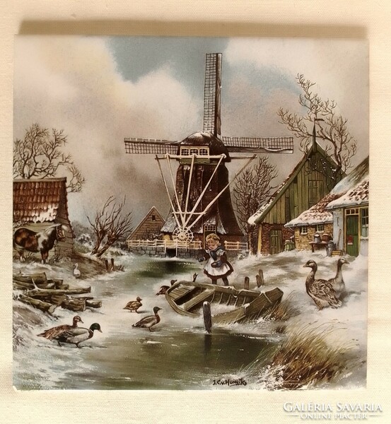 Hand Painted Old Dutch Glazed Faience Ceramic Decorative Tile Marked Winter Landscape Duck Little Girl