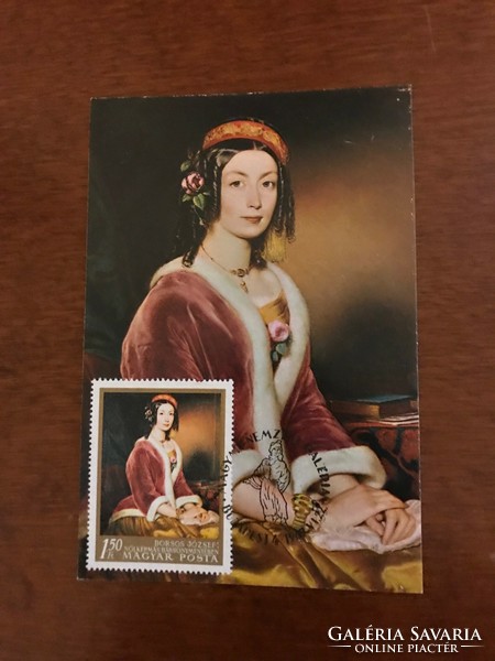Postcard with first-day stamp. József Borsos / 1821-1883/ female portrait on velvet border