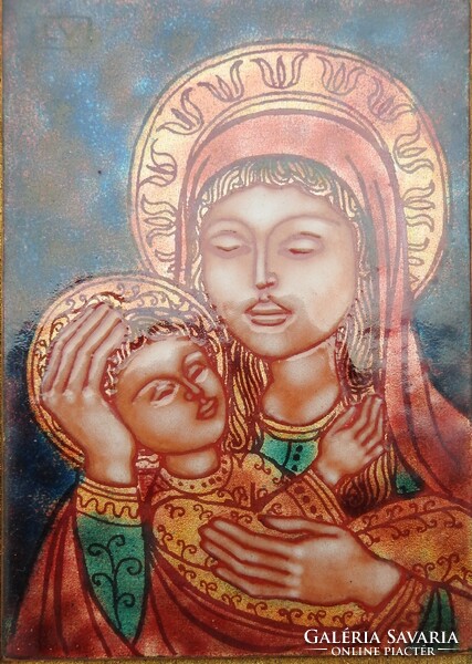 Balogh of Zsóri. - Fire enamel image: Virgin Mary with baby Jesus
