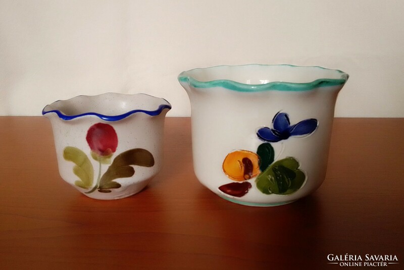 Two matching glazed ceramic flowerpots, baskets, hand-painted, with ruffled edges