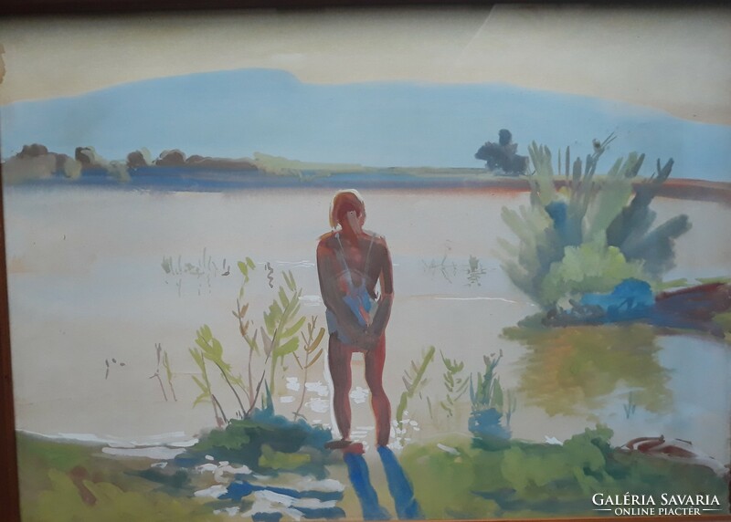 Szeged miller's gauze: alone on the waterfront, original marked watercolor