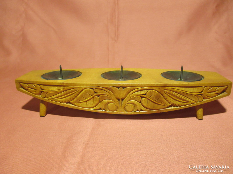 Carved wooden candle holder with 3 copper inserts - folk artists htsz