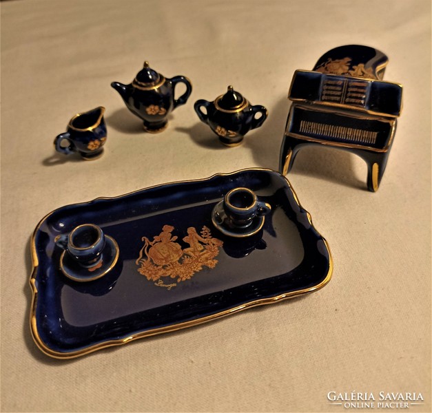 Limoges porcelain miniature piano and tea set with tray