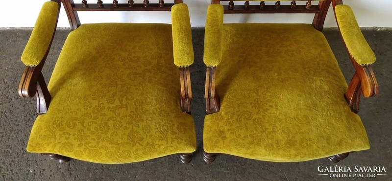 1K709 Pair of old low mustard yellow pewter armchairs