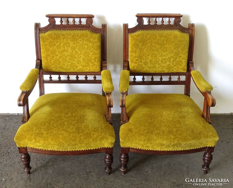 1K709 Pair of old low mustard yellow pewter armchairs