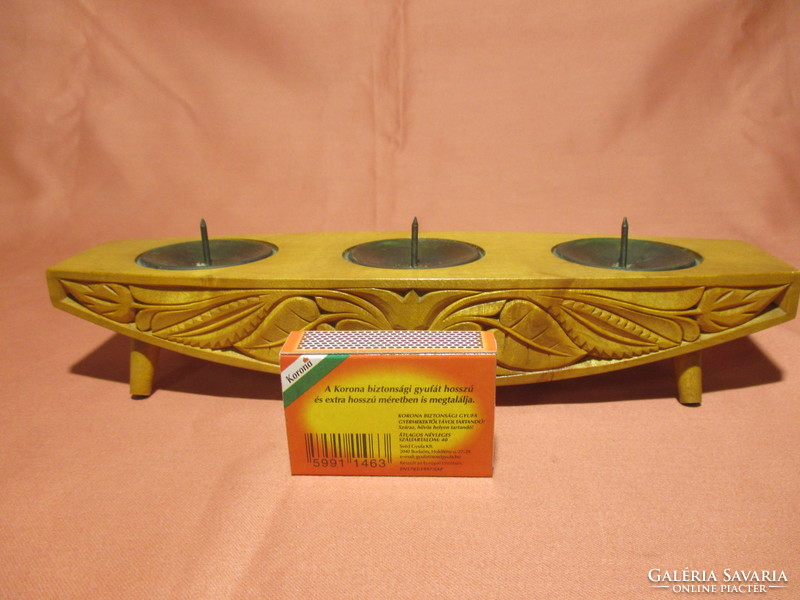 Carved wooden candle holder with 3 copper inserts - folk artists htsz