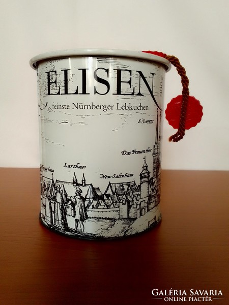 Régi német mézeskalácsos fém tároló doboz, jelzett, záró pecséttel, Nürnberg városkép látkép