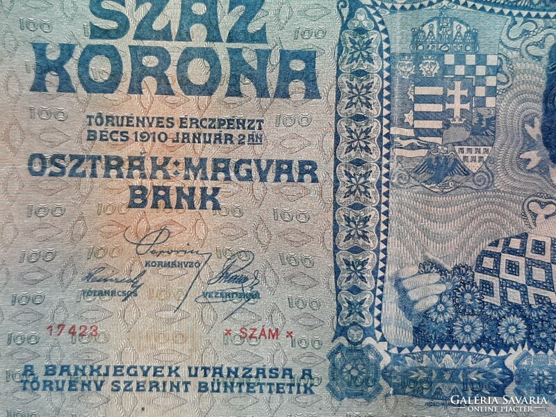 Nagyon RITKA !! 100 korona bakjegy 1910  EF+ Ritka szép állapotban !!