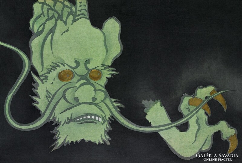 Kamisaka sekka - green monster with golden eyes - canvas reprint