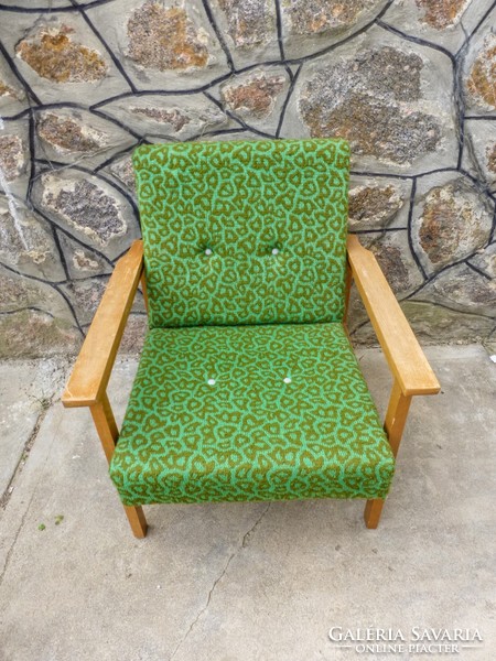 Retro wooden armchair with arms and legs, green, with original upholstery