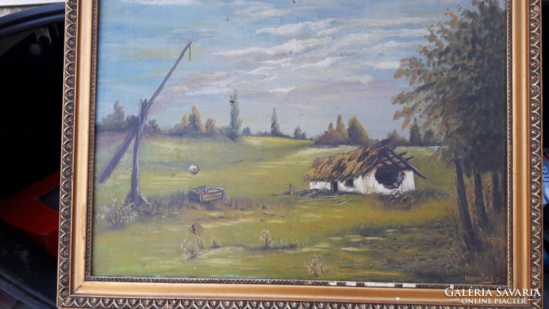 Elhagyott tanya gémes kúttal vászon olaj festmény.