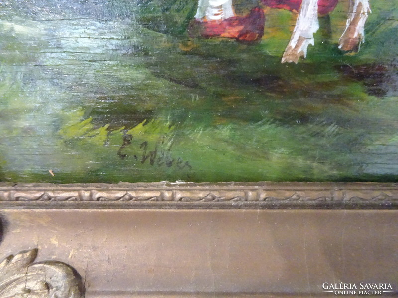 E. Wéber szignós szép részletes olaj festmény fára.