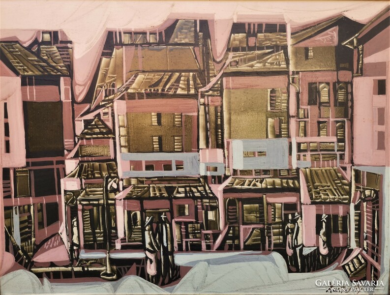 Gyula Xantus (1919 - 1993) old houses c. Gallery painting 86x66cm with original guarantee!