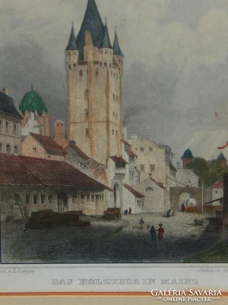 Szines litográfia keretben Mainz városáról, Johannes Poppel (1807-1882) acélmetszete