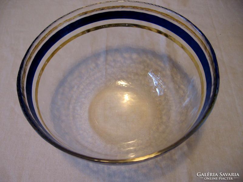 Signed eisch crystal bowl with cobalt and gold stripes