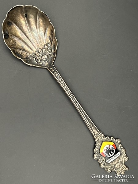 Old silver-plated decorative coffee spoon with German coat of arms enamel