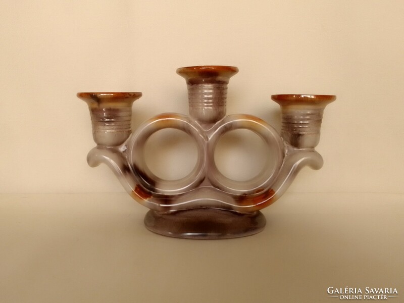 Antique old art deco glazed ceramic table three-prong candle holder, 1930s,