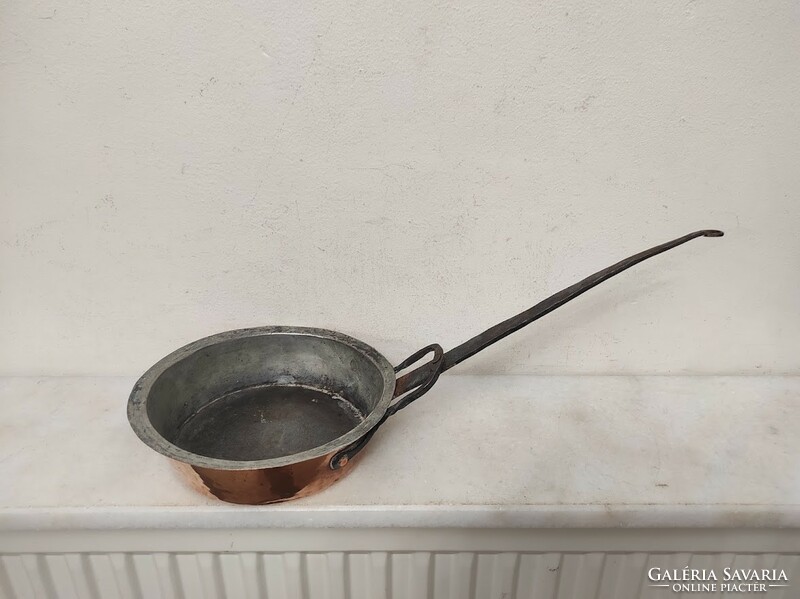 Antik nyeles lábas konyhai edény eszköz kovácsolt vas nyelű ónozott vörösréz 960 6072